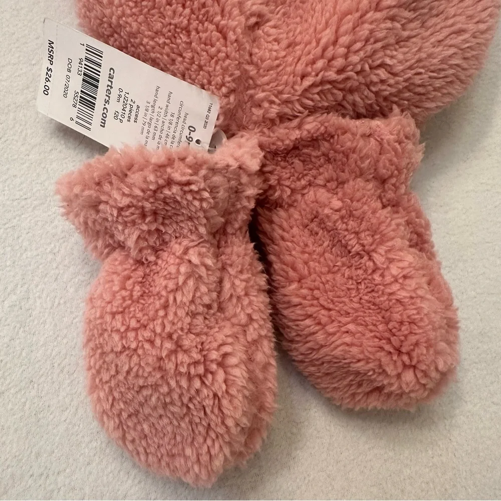 Carters Baby Girl Hat &‎ Mitten Set Lined With Chin Strap Pink 0-9M NWT